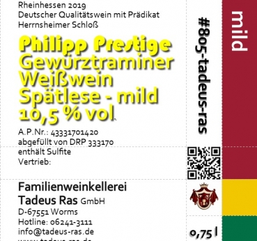 Gewürztraminer - Phillipp Prestige - Spätlese mild 2019